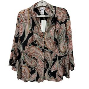 Emma‎ G Womens Plus 2X Paisley V-Neck Blouse Black Pink Green KC26434 NWT